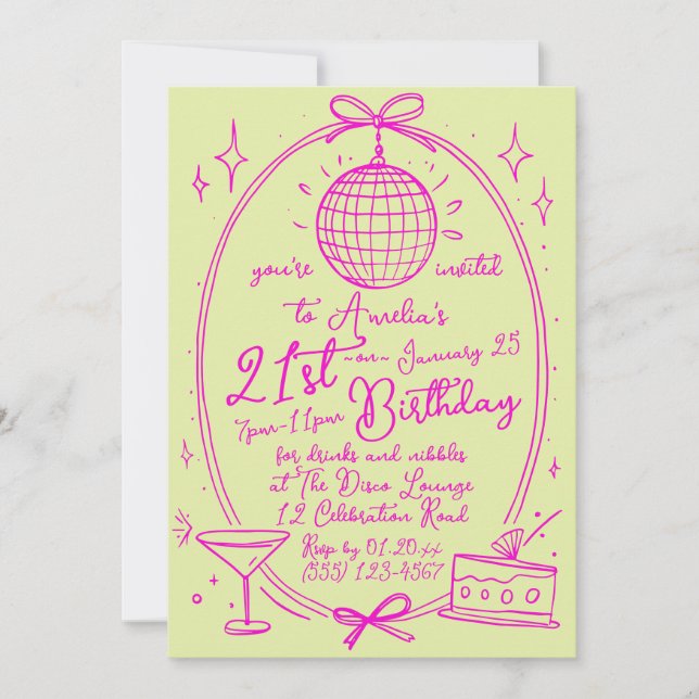Custom 21st Birthday Disco Invitation | Pink Neon  (Front)