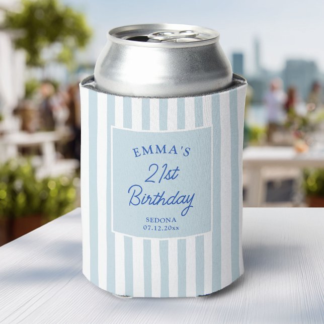 Custom 21st Birthday Preppy Blue Striped Party Can Cooler (Creator Uploaded)