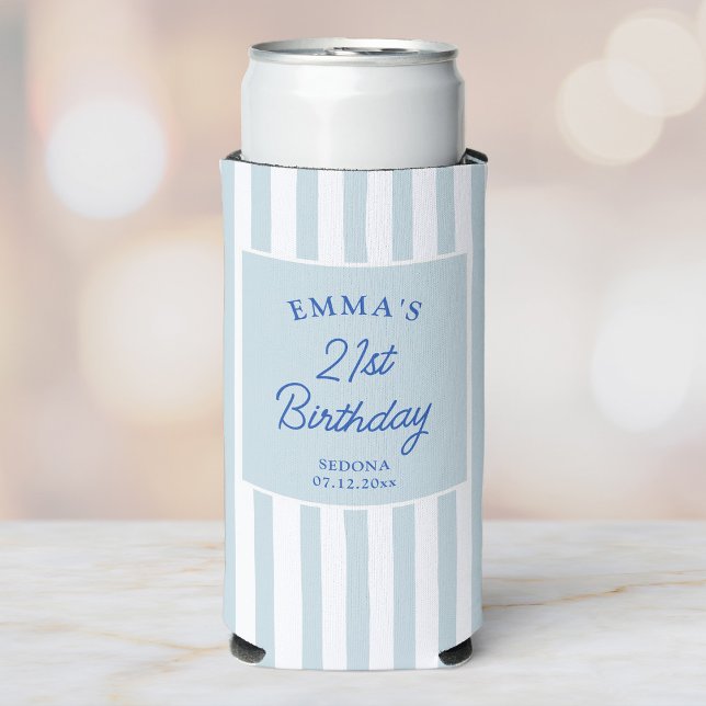 Custom 21st Birthday Preppy Blue Striped Party Seltzer Can Cooler (Creator Uploaded)