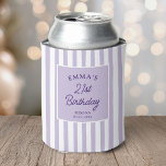Custom 21st Birthday Preppy Purple Striped Party Can Cooler<br><div class="desc">Celebrate a milestone birthday in timeless, preppy style. This elegant 21st birthday can cooler features soft lavender and purple vertical stripes and classic typography, personalized with a name, age, location, and date. Perfect for chic birthday parties, bachelorette weekends, girls trips or destination celebrations, it keeps drinks cold while doubling as...</div>