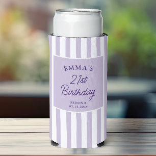 Custom 21st Birthday Preppy Purple Striped Party Seltzer Can Cooler