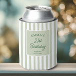 Custom 21st Birthday Preppy Sage Striped Party Can Cooler<br><div class="desc">Celebrate a milestone birthday in timeless, preppy style. This elegant 21st birthday can cooler features soft sage green vertical stripes and classic typography, personalized with a name, age, location, and date. Perfect for chic birthday parties, bachelorette weekends, girls trips or destination celebrations, it keeps drinks cold while doubling as a...</div>