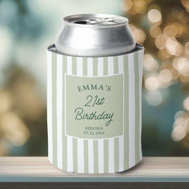 Custom 21st Birthday Preppy Sage Striped Party Can Cooler (Creator Uploaded)