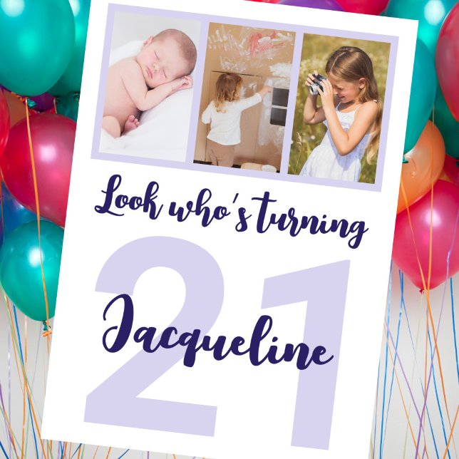 Custom 21st Birthday Purple Script Photo Collage Invitation (Creator Uploaded)