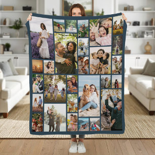 Custom 28 Photo Collage Blue Fleece Blanket