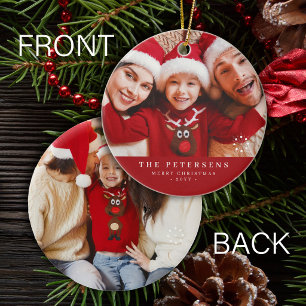 Custom 2 family photos double sided red Christmas Ceramic Ornament
