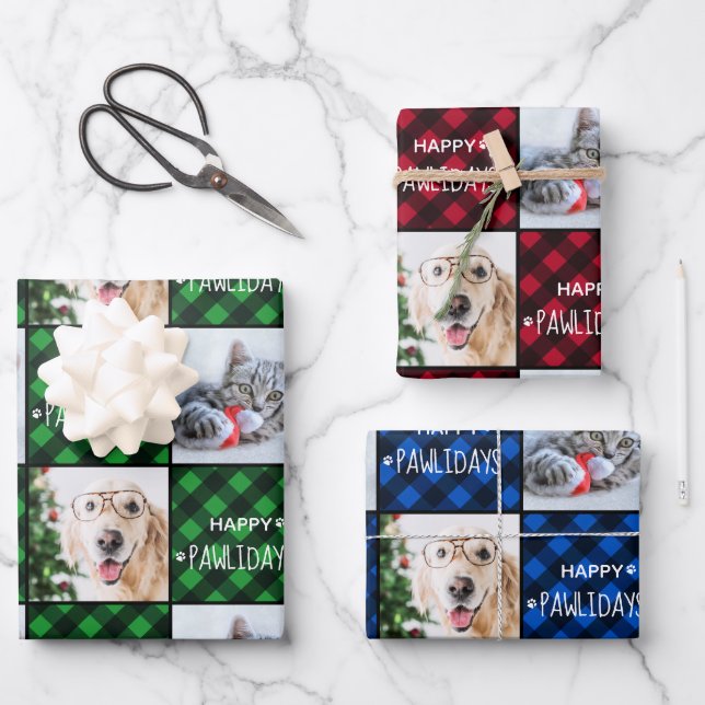 Custom 2 Pet Photo Happy Pawlidays Buffalo Plaid Wrapping Paper Sheet (Front)