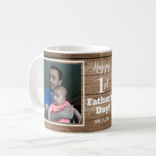 Custom 2 Photo 1st Father's Day Rustic Wood Coffee Mug