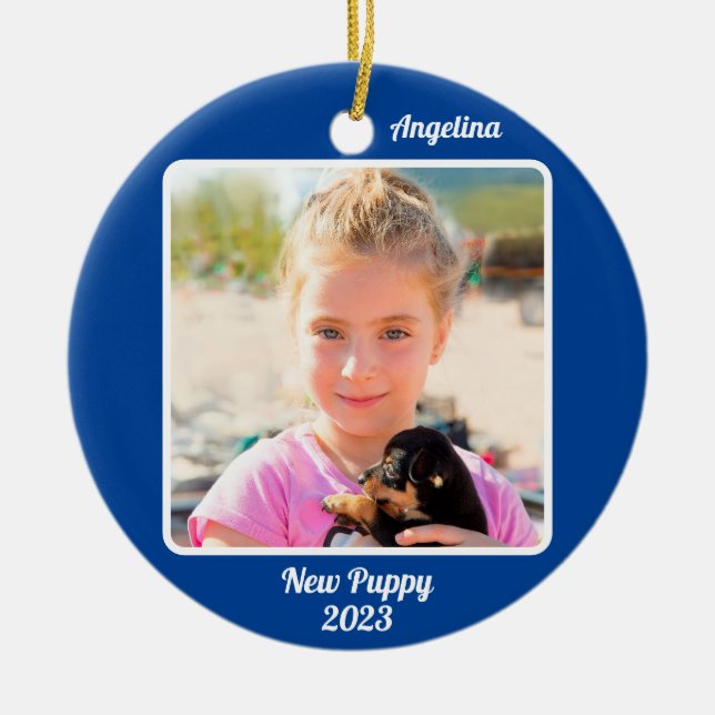 Custom 2-Photo 2 Sided Blue Events Milestones Ceramic Ornament (Front)