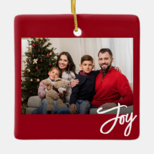 Custom 2-Photo 2-sided Family Photo Joy Red Ceramic Ornament