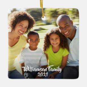 Custom 2 Photo 2 Sided Family Photo Script Ceramic Ornament
