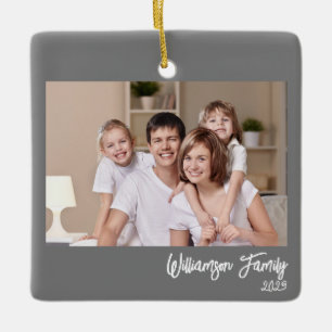 Custom 2-Photo 2-sided Family Photo Simple Gray Ceramic Ornament