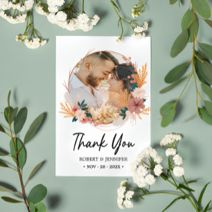 Custom 2 Photo Boho Floral Wildflower Wedding Thank You Card