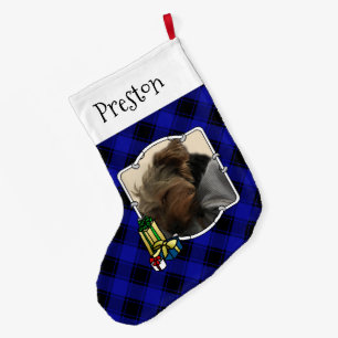 Custom 2 Photo Christmas Blue & Black Plaid Pet Large Christmas Stocking