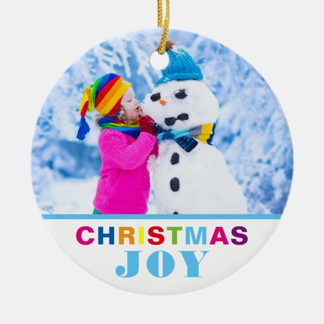 Custom 2 Photo Christmas Joy Modern Colourful Ceramic Ornament (Front)