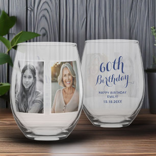 Custom 2 Photo Collage 60th Birthday Stemless Wine Glass