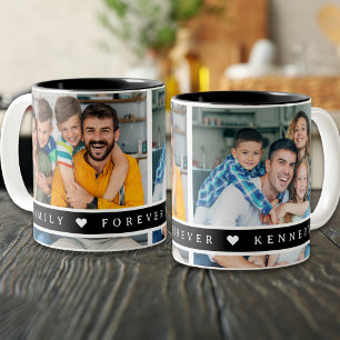 Custom 2 Photo Collage Family Name Quote Black Two-Tone Coffee Mug