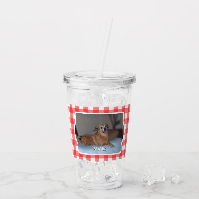 Custom 2 Photo Country Red Buffalo Check Plaid Pet Acrylic Tumbler (Back Ice)