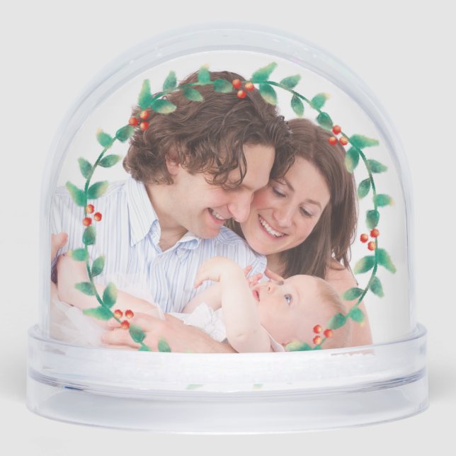Custom 2 Photo Elegant Holly Wreath  Snowglobe (Front)