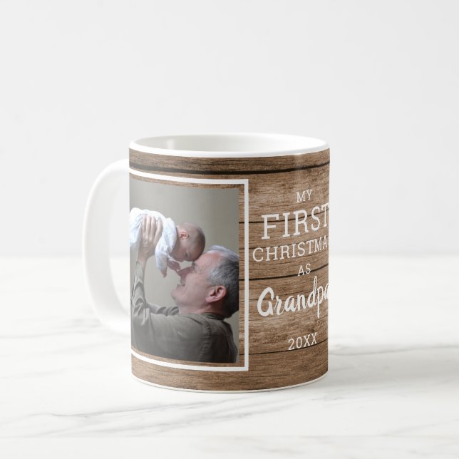 Custom 2 Photo Grandpa First Christmas Rustic Wood Coffee Mug (Front Left)