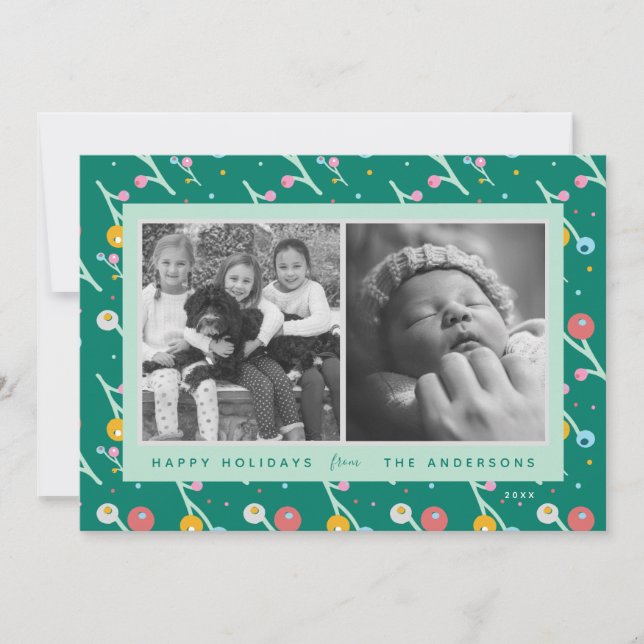 Custom 2-Photo Happy Holidays Modern Berries Green Holiday Card (Front)