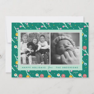 Custom 2-Photo Happy Holidays Modern Berries Green Holiday Card