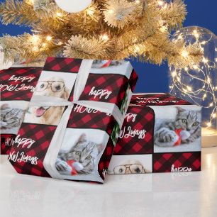 Custom 2 Photo Happy HOWLidays Red Buffalo Plaid  Wrapping Paper