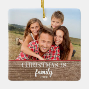 Custom 2-Photo Modern Rustic Family Christmas Ceramic Ornament