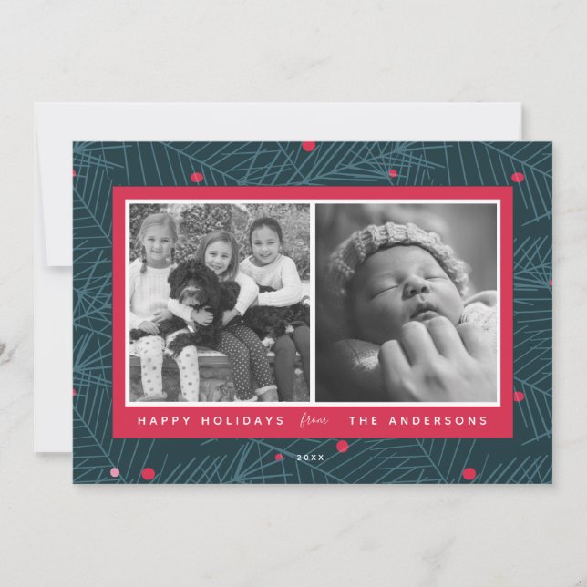 Custom 2-Photo Modern Spruce Holiday Red Card (Front)