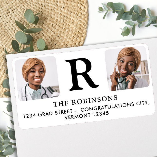 Custom 2 Photo Monogram Graduation Return Address  Label (Creator Uploaded)