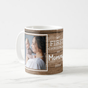 Custom 2 Photo Mummy First Christmas Rustic Wood Coffee Mug