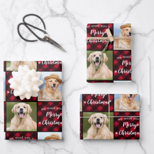 Custom 2 Photo Red Buffalo Plaid Merry Christmas Wrapping Paper Sheet