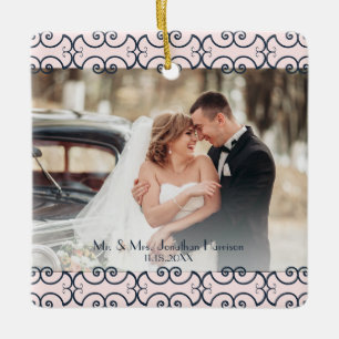Custom 2 Photo Rose Gold Navy Elegant Wedding Ceramic Ornament