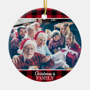 Custom 2 Photo Rustic Red Buffalo Plaid Ceramic Ornament