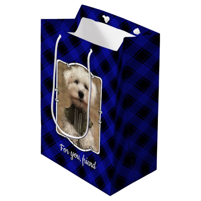 Custom 2 Photos Personalised Blue & Black Plaid Medium Gift Bag (Front Angled)