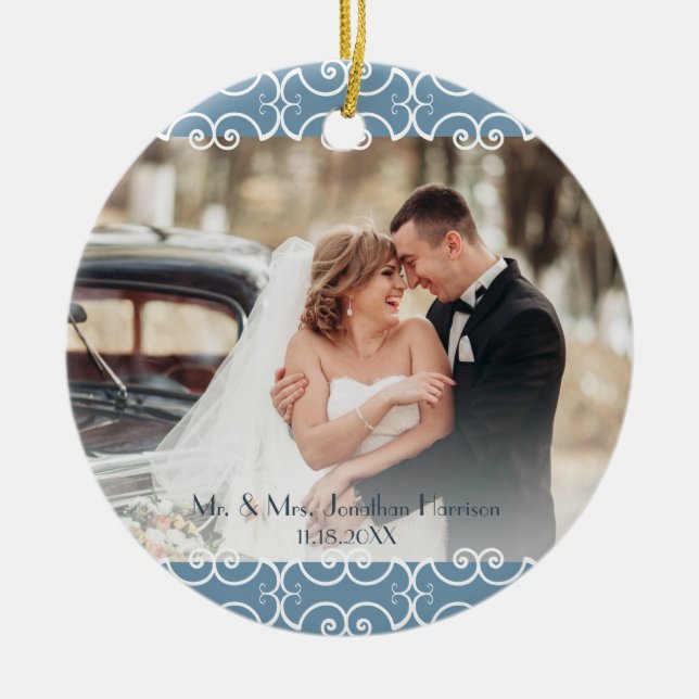 Custom 2 Sided Dusty Blue Elegant 2 Photo Wedding Ceramic Ornament (Front)