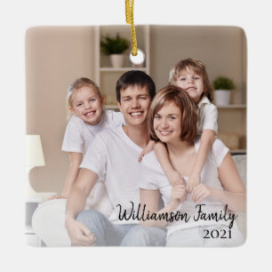 Custom 2-sided Family Photo Calligraphy Script Ceramic Ornament