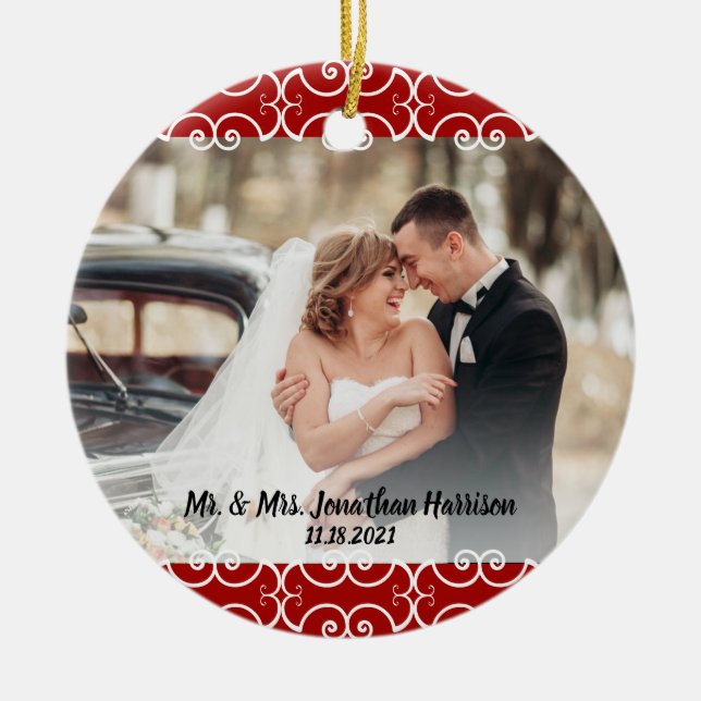 Custom 2 Sided Red White Elegant 2 Photo Wedding Ceramic Ornament (Front)