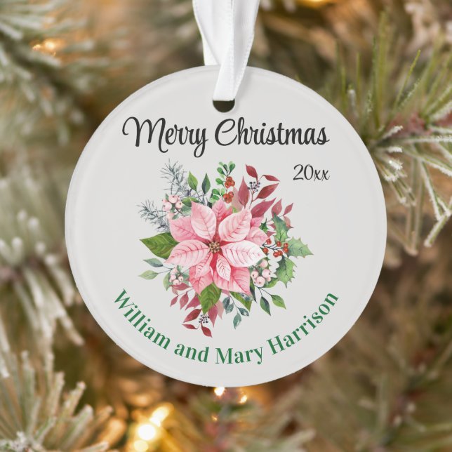 Custom, 2-Sides Pink Poinsettia Bouquet Acrylic Ornament (Tree)
