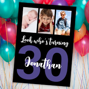 Custom 30th Birthday Black Modern Photo Collage Invitation