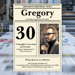 Custom 30th Birthday Funny Quote Retro Newspaper Invitation