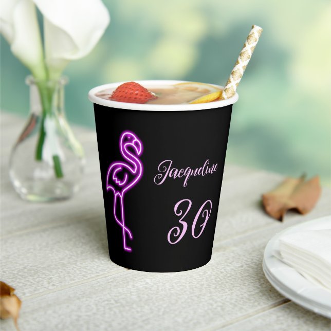 Custom 30th Birthday Retro Neon Pink flamingo  Paper Cups (Insitu)