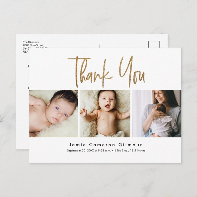  Custom 3 Baby Photos Gold Script birth Thank you Postcard (Front/Back)