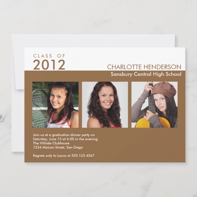 Custom 3 photo brown graduation class invitation (Front)