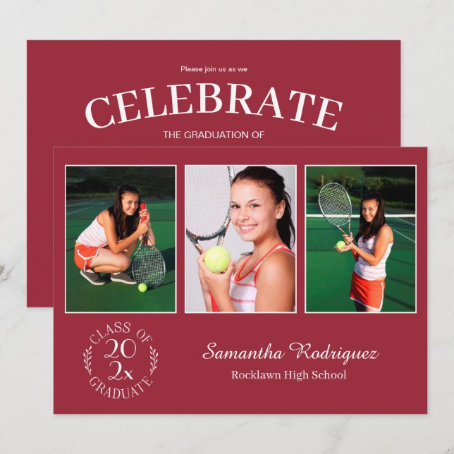 Custom 3 Photo Chic Burgundy Graduation Party Invitation (Front/Back)