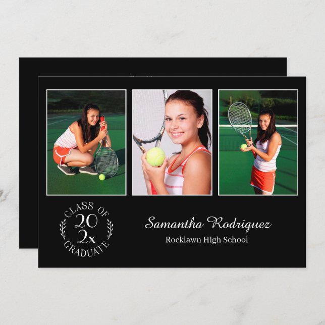 Custom 3 Photo Chic Emblem Black Graduation Party Invitation (Front/Back)