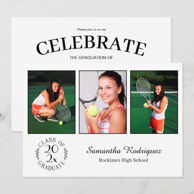 Custom 3 Photo Chic Emblem White Graduation Party Invitation (Front/Back)