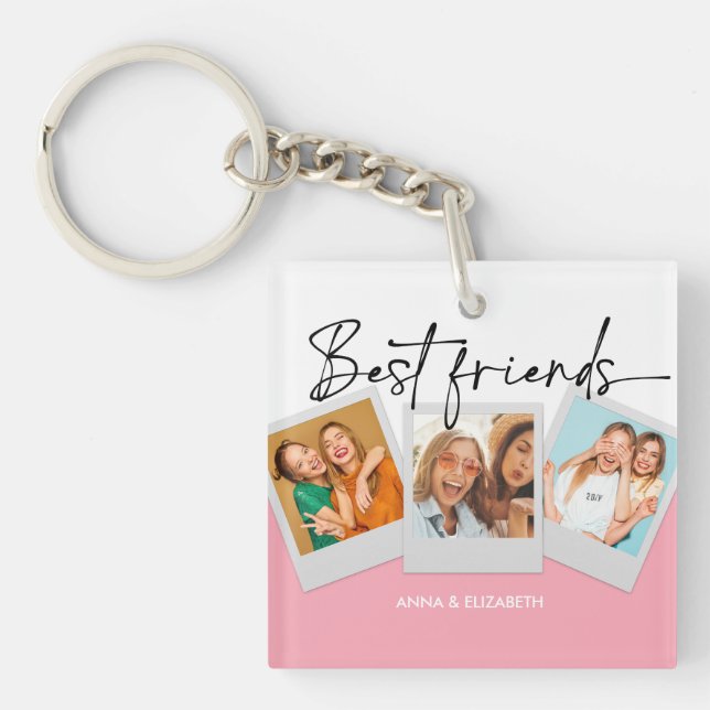 Custom 3 Photo Collage Cute Simple Pink BFF  Key Ring (Front)