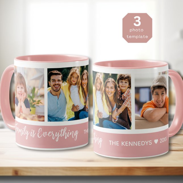 Custom 3 Photo Collage Family Name Quote Pink Mug (Creator Uploaded)