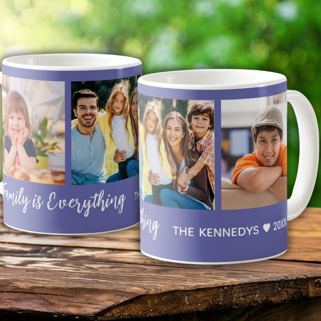 Custom 3 Photo Collage Family Name Quote Purple  Coffee Mug (Creator Uploaded)